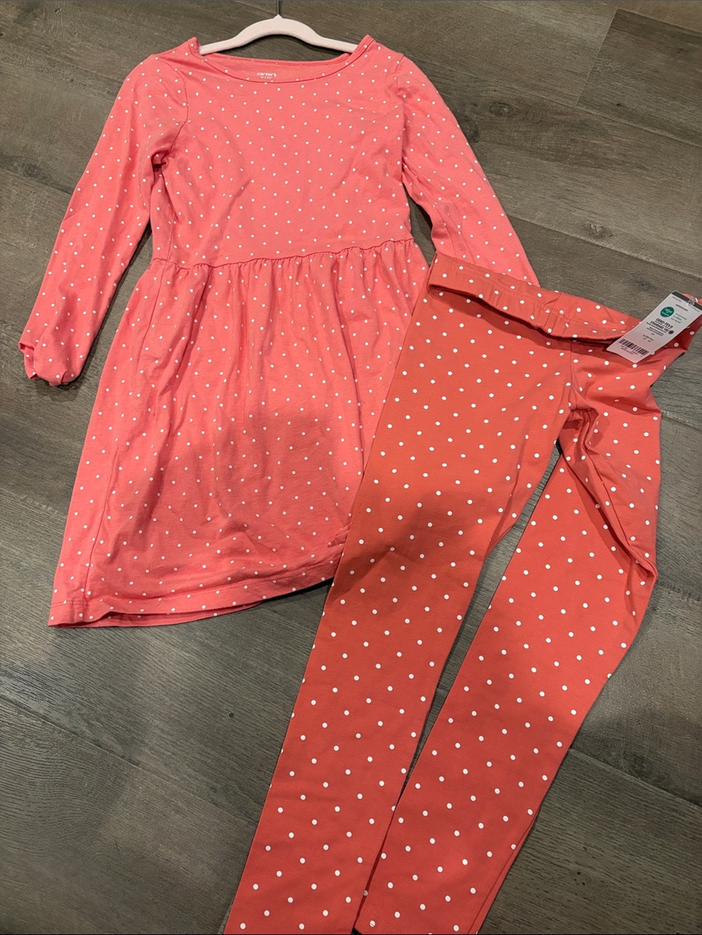 Girls' Coral Polka Dot Set - Long Sleeve Dress & Leggings